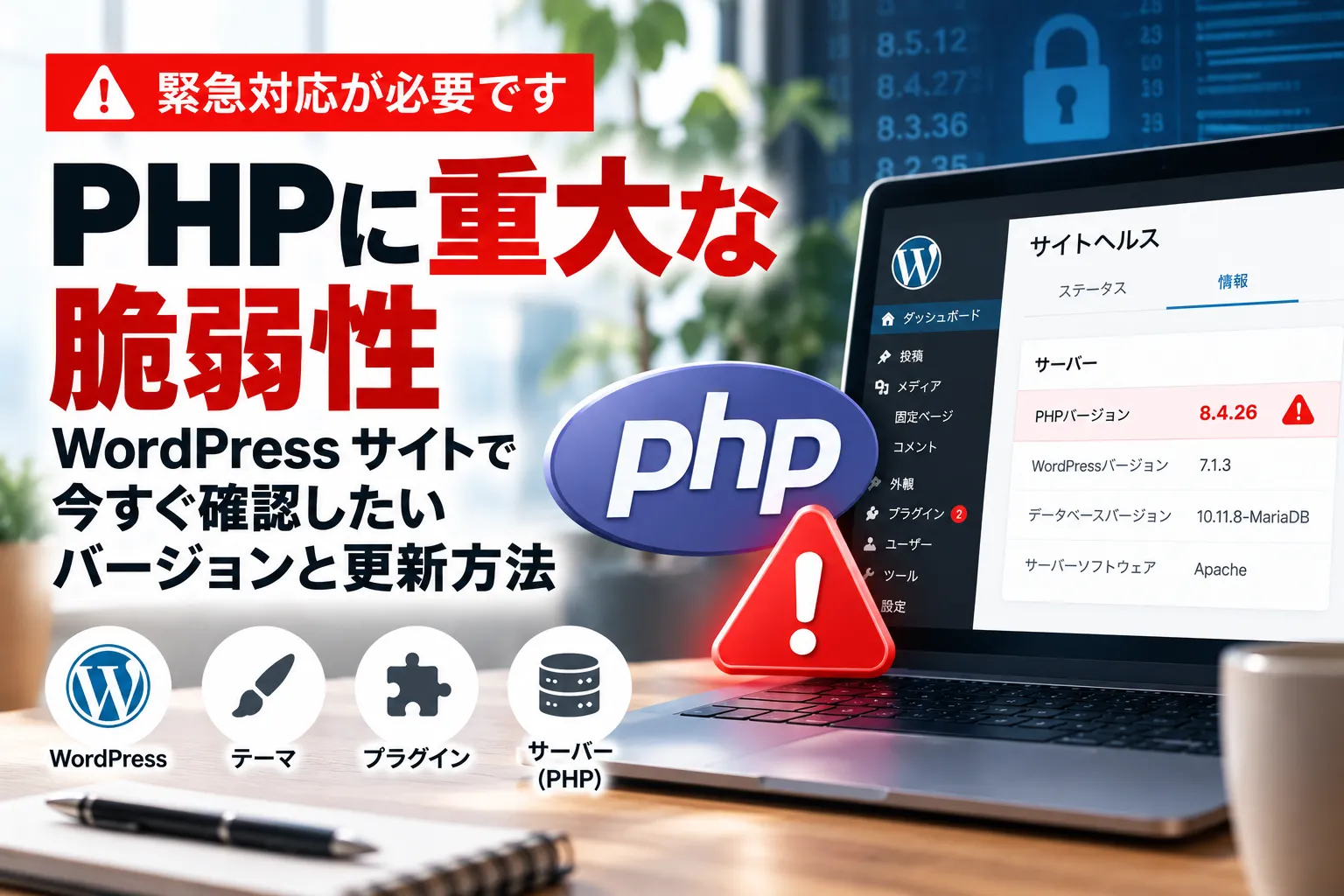 PHPに重大な脆弱性。WordPressサイトで今すぐ確認したいバージョンと更新方法のアイキャッチ